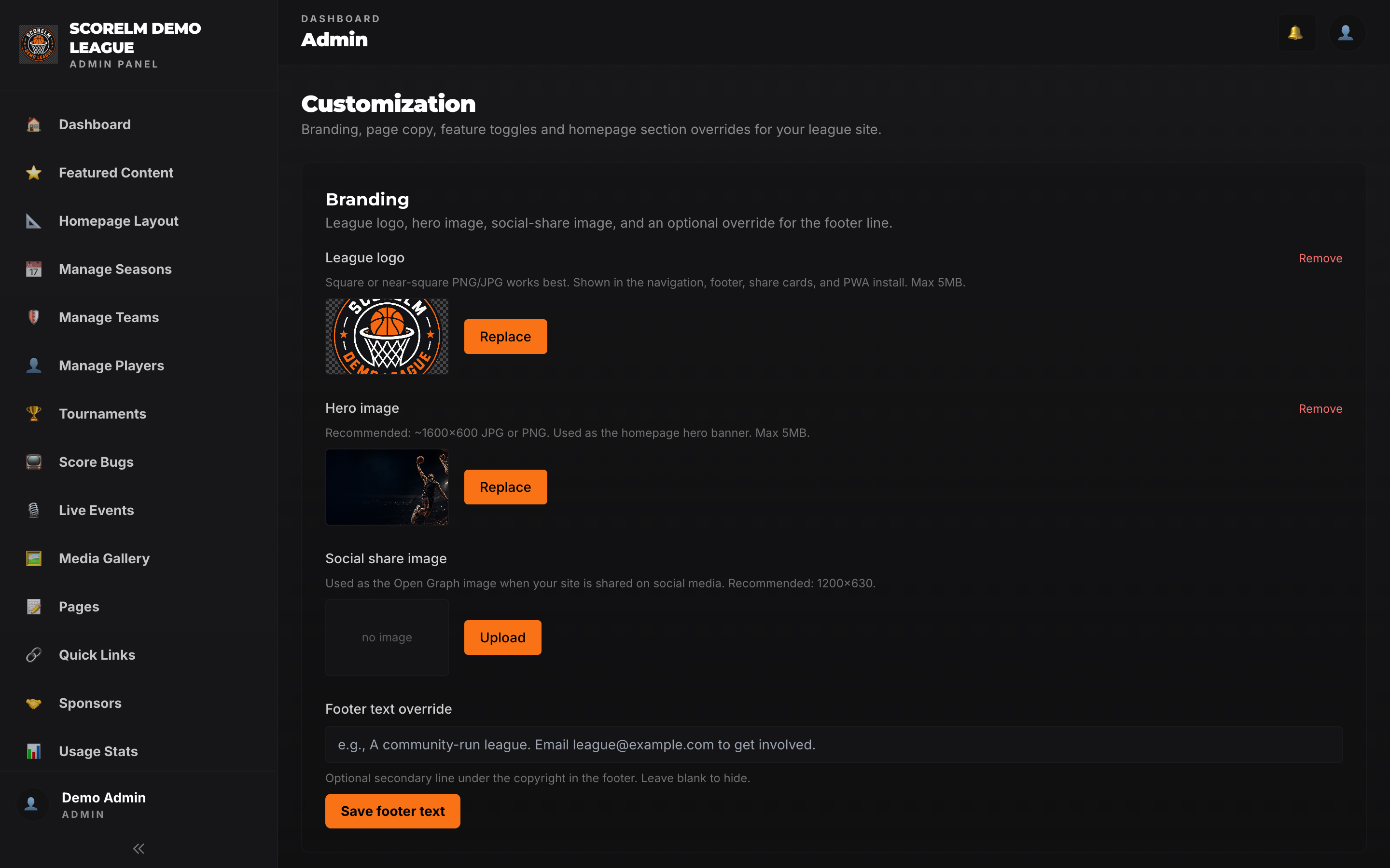 Customization page with league logo, hero image, social share image, and footer text