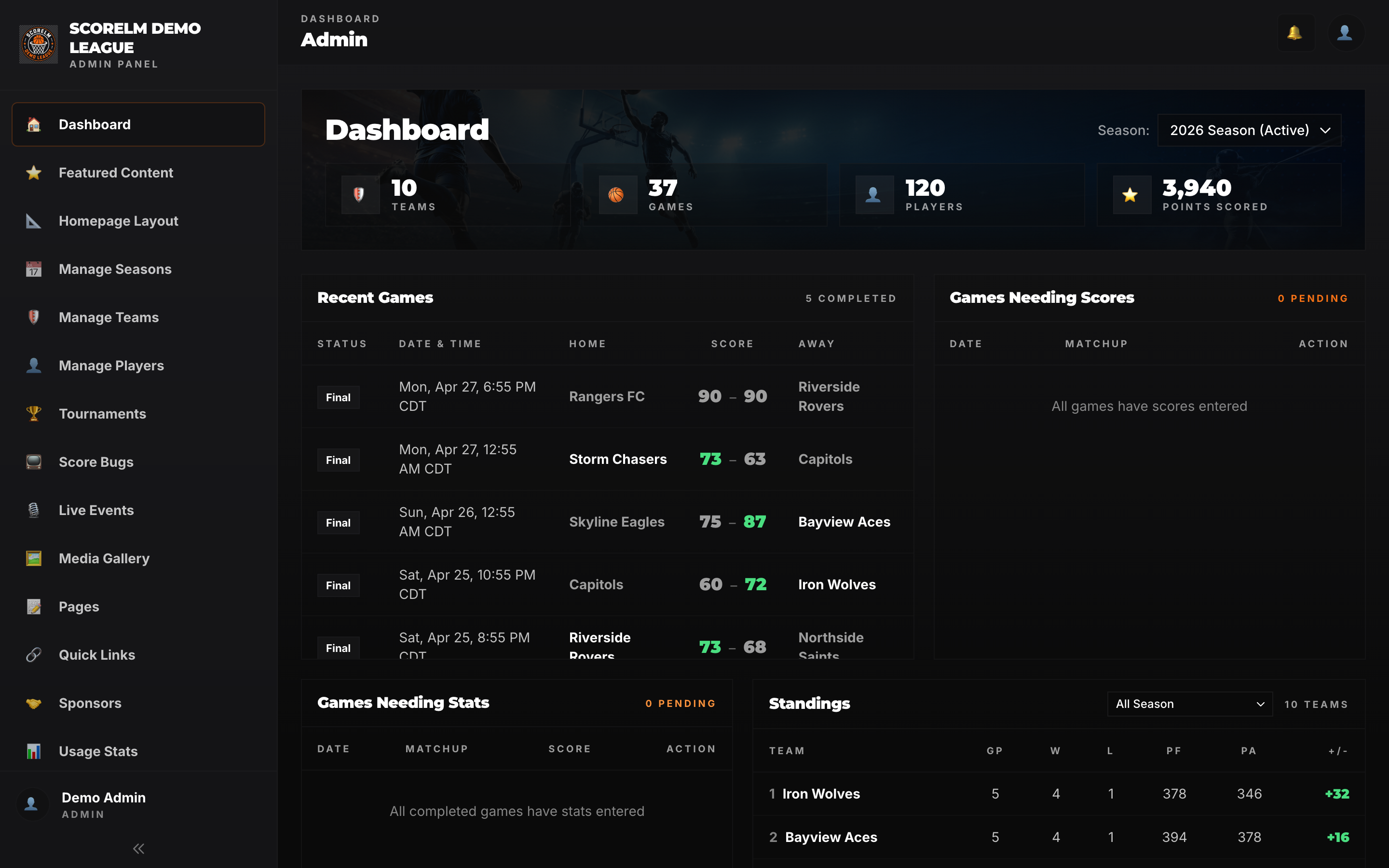 ScoreLM admin dashboard with recent games and standings