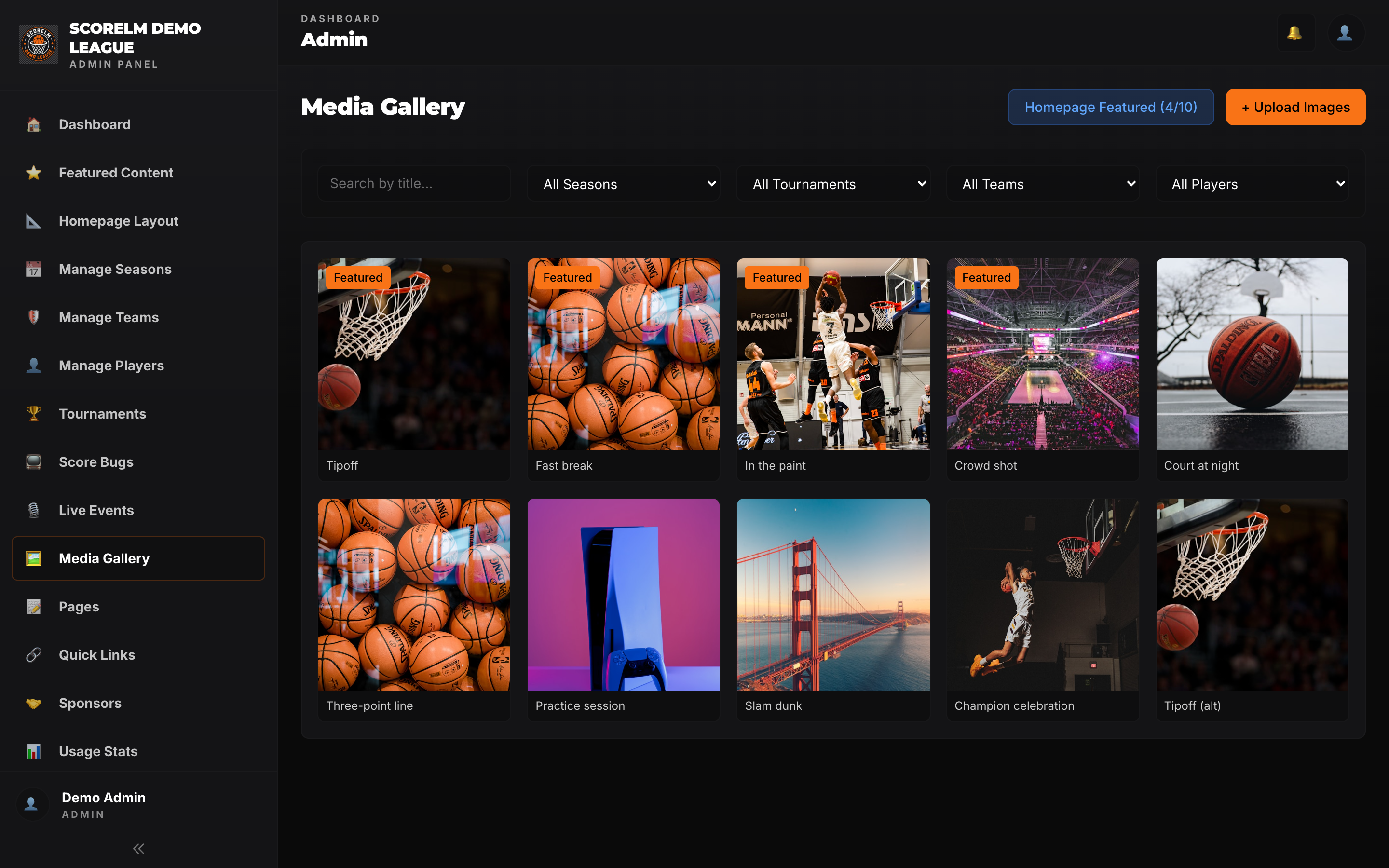Upload and tag images by season, team, or tournament