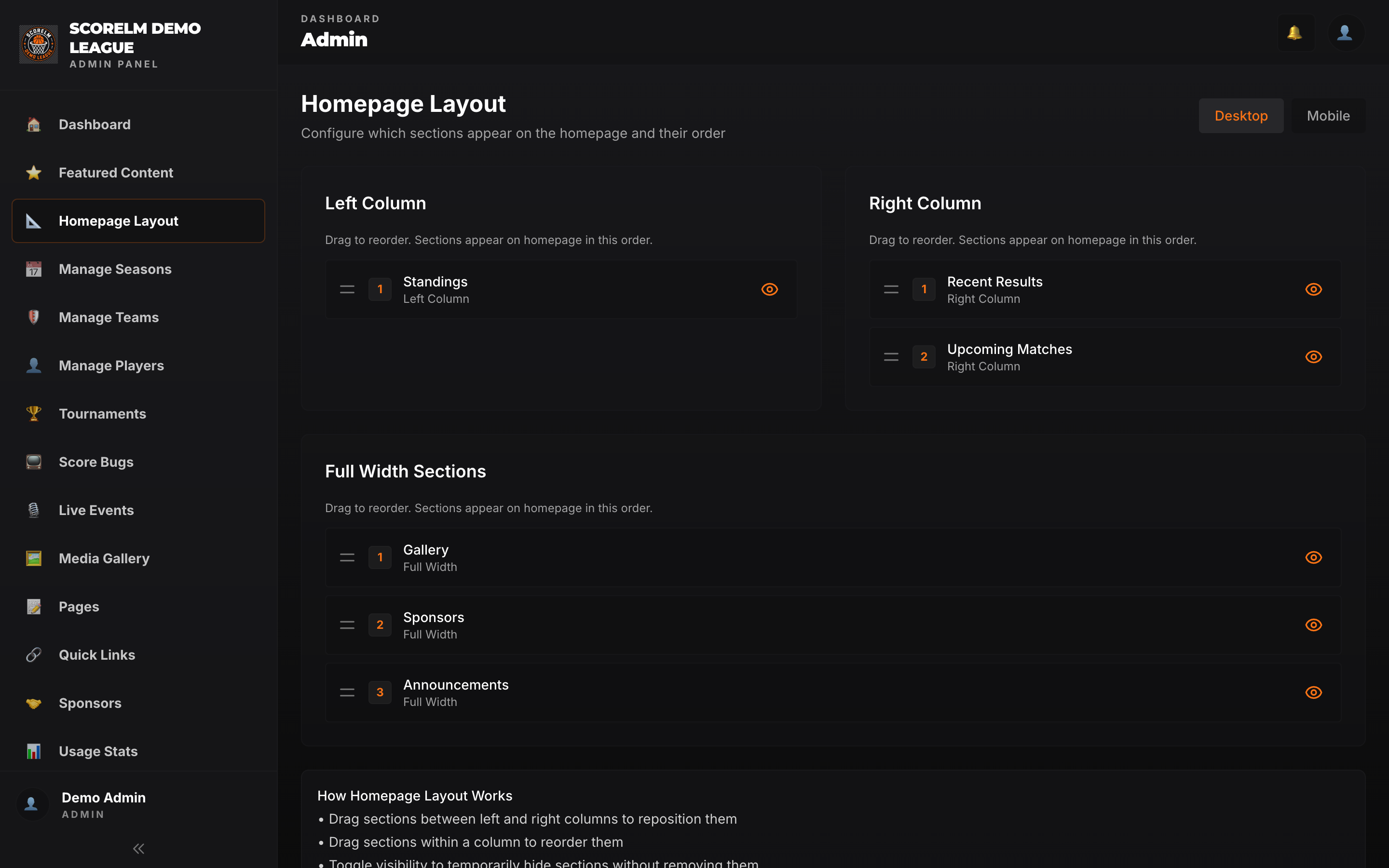 Homepage layout editor with draggable content blocks