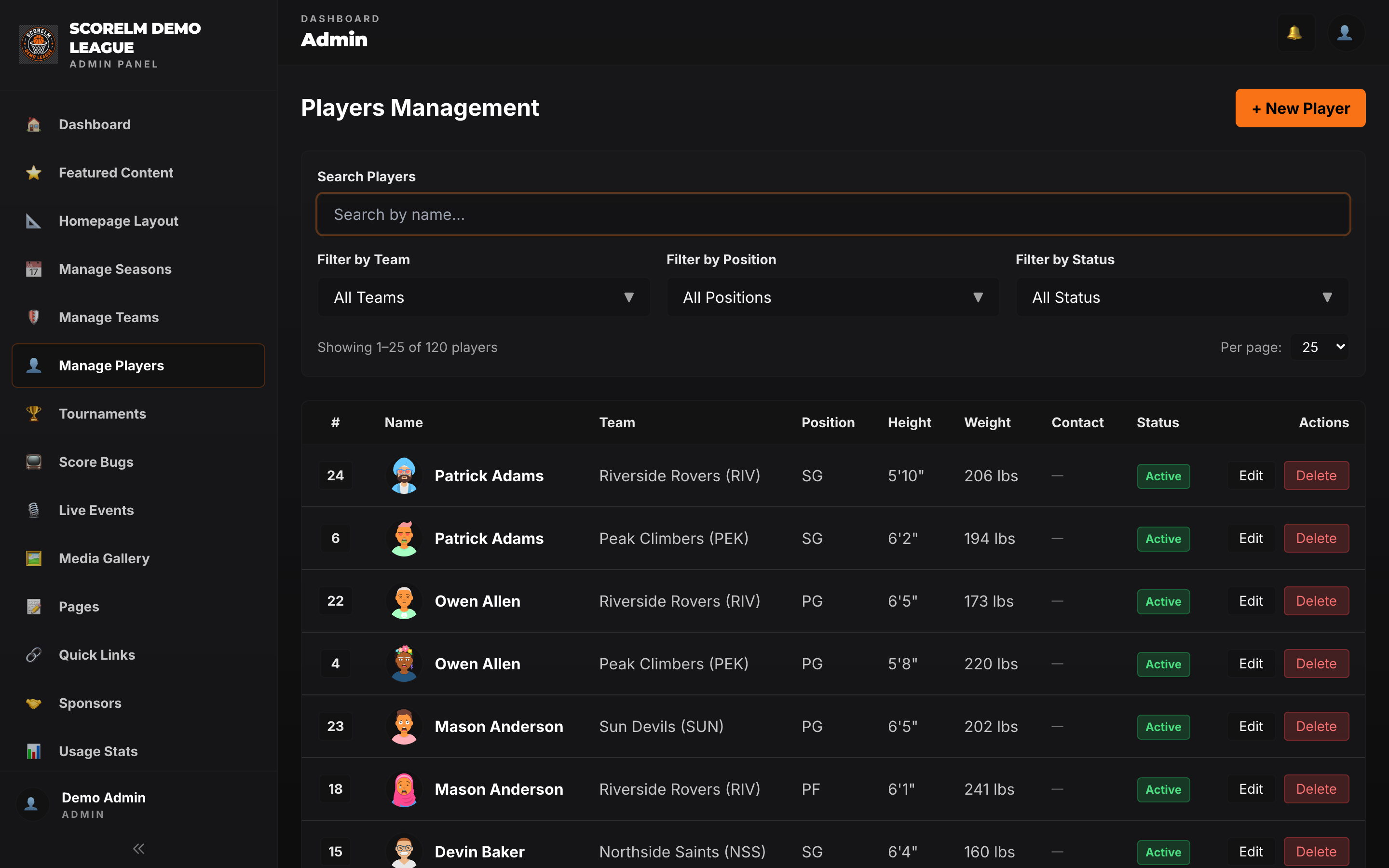 Players management page with bulk import button visible at the top