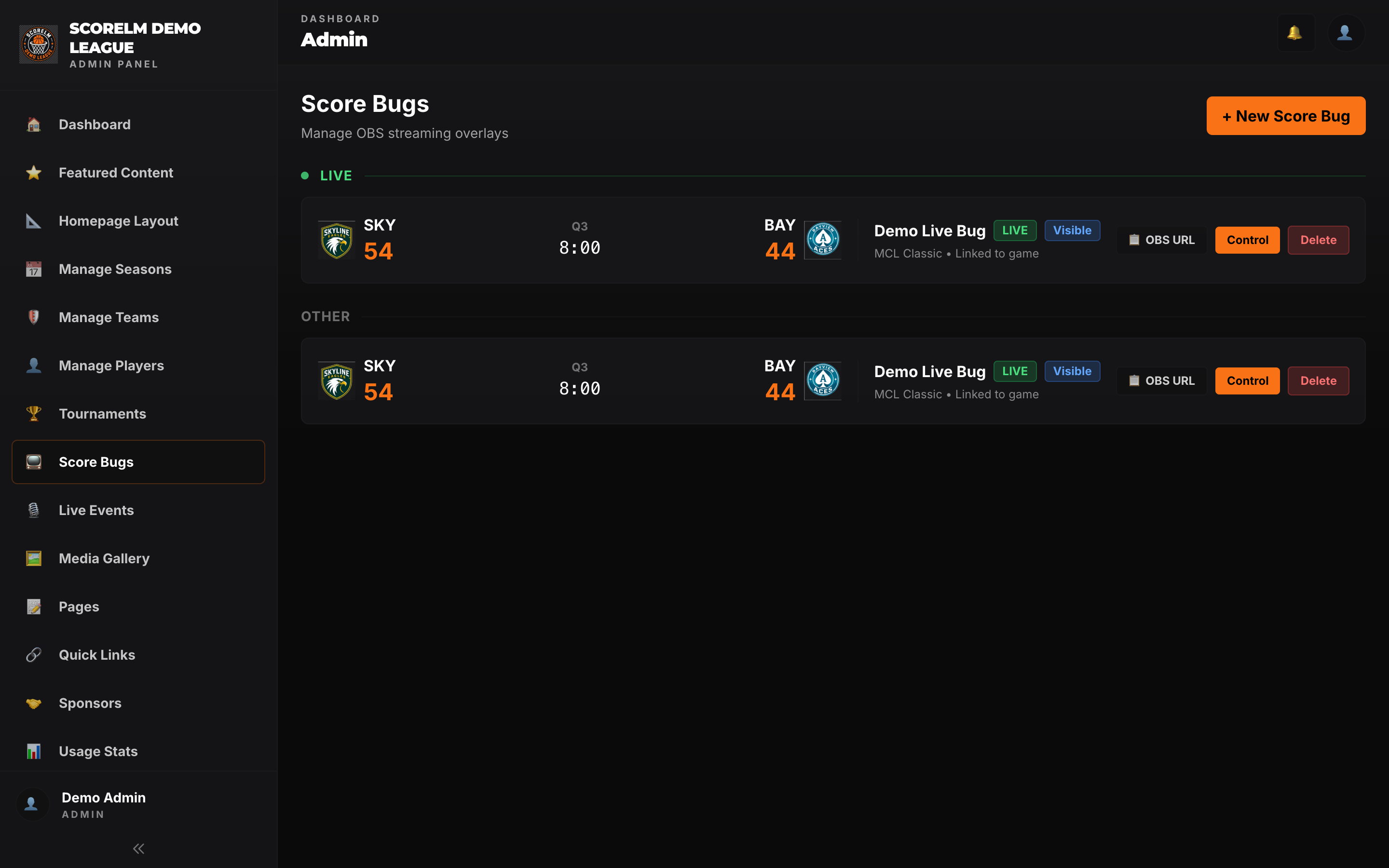 Scene with scorebug browser source positioned over camera feed