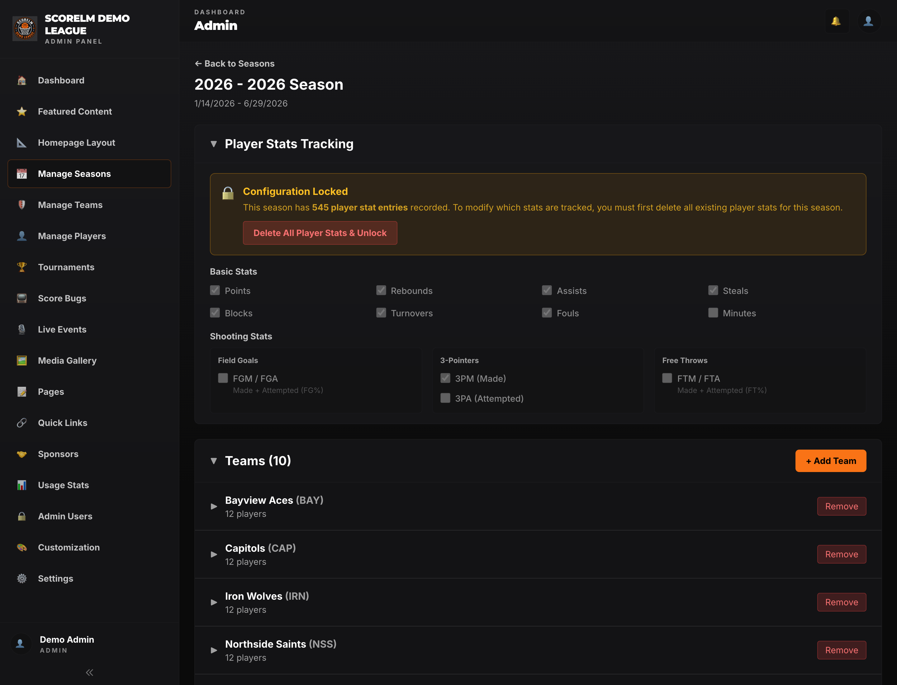 Season management screen with stat tracking config toggles for points, rebounds, assists, blocks, steals, etc.