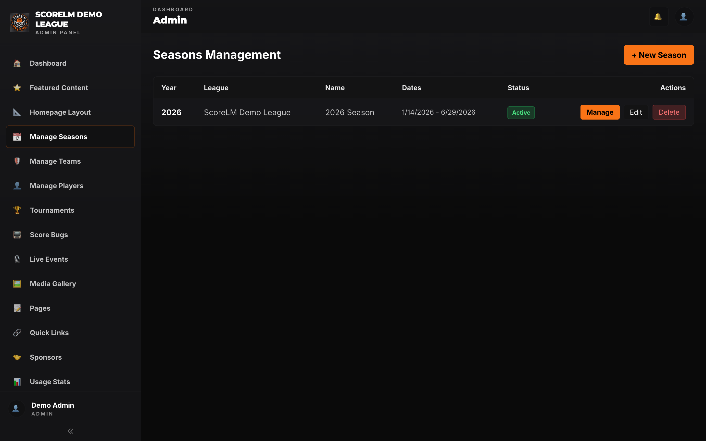 Seasons management — create, archive, configure