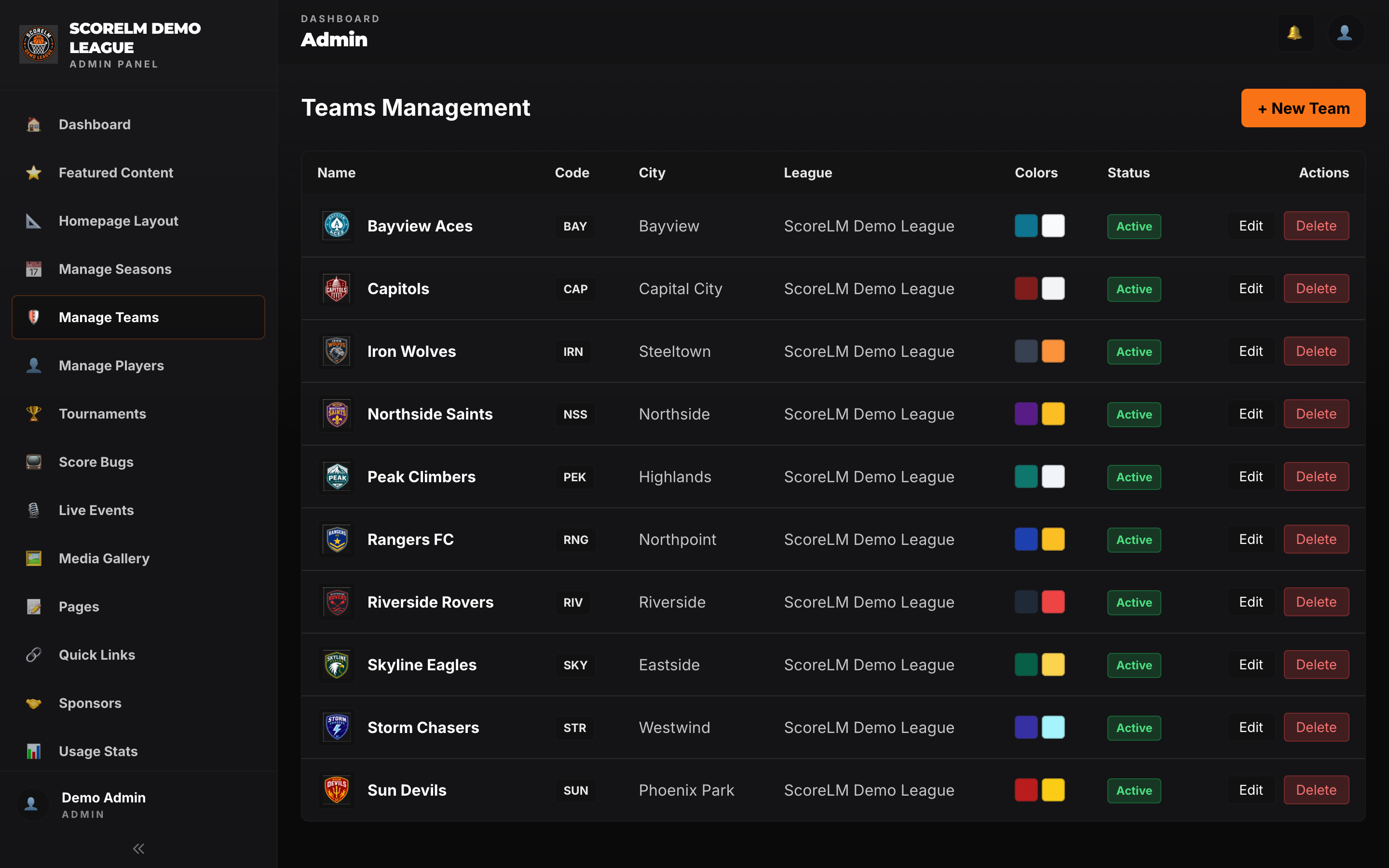 Team management page with all teams listed by short code, city, and roster size