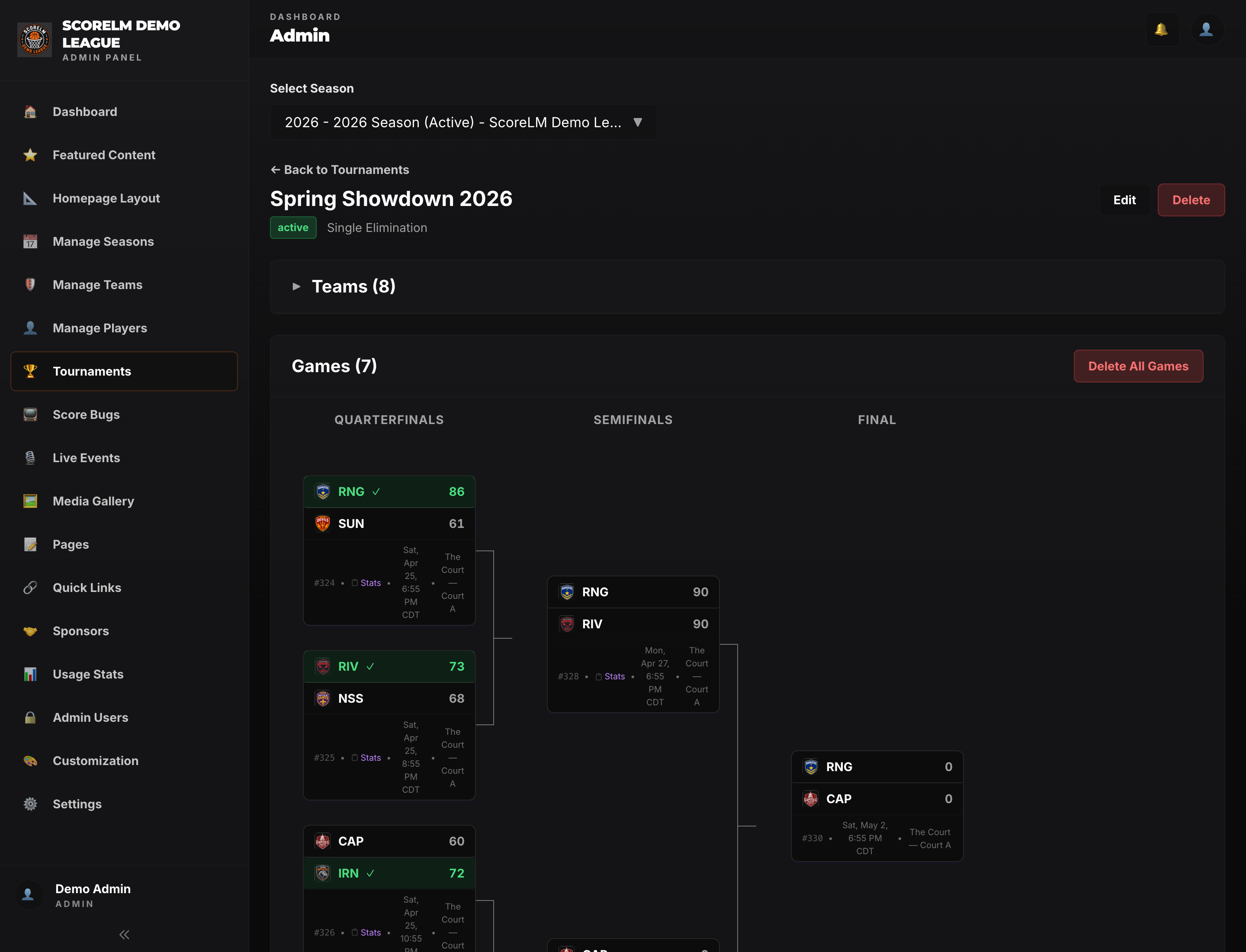 Generate games dialog showing matchday count for round robin or bracket options