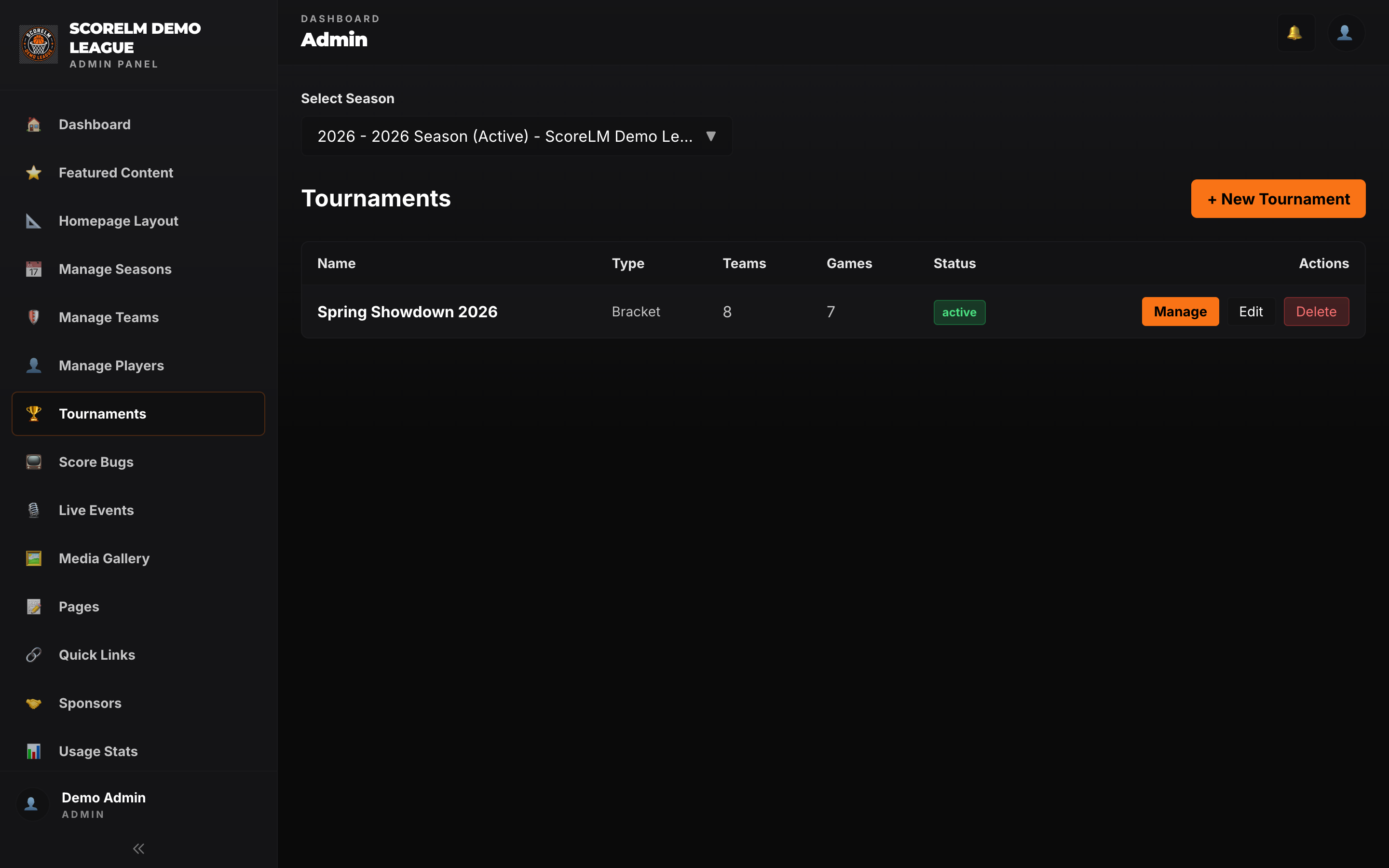 Tournament create form with type selector showing round robin and single elimination options