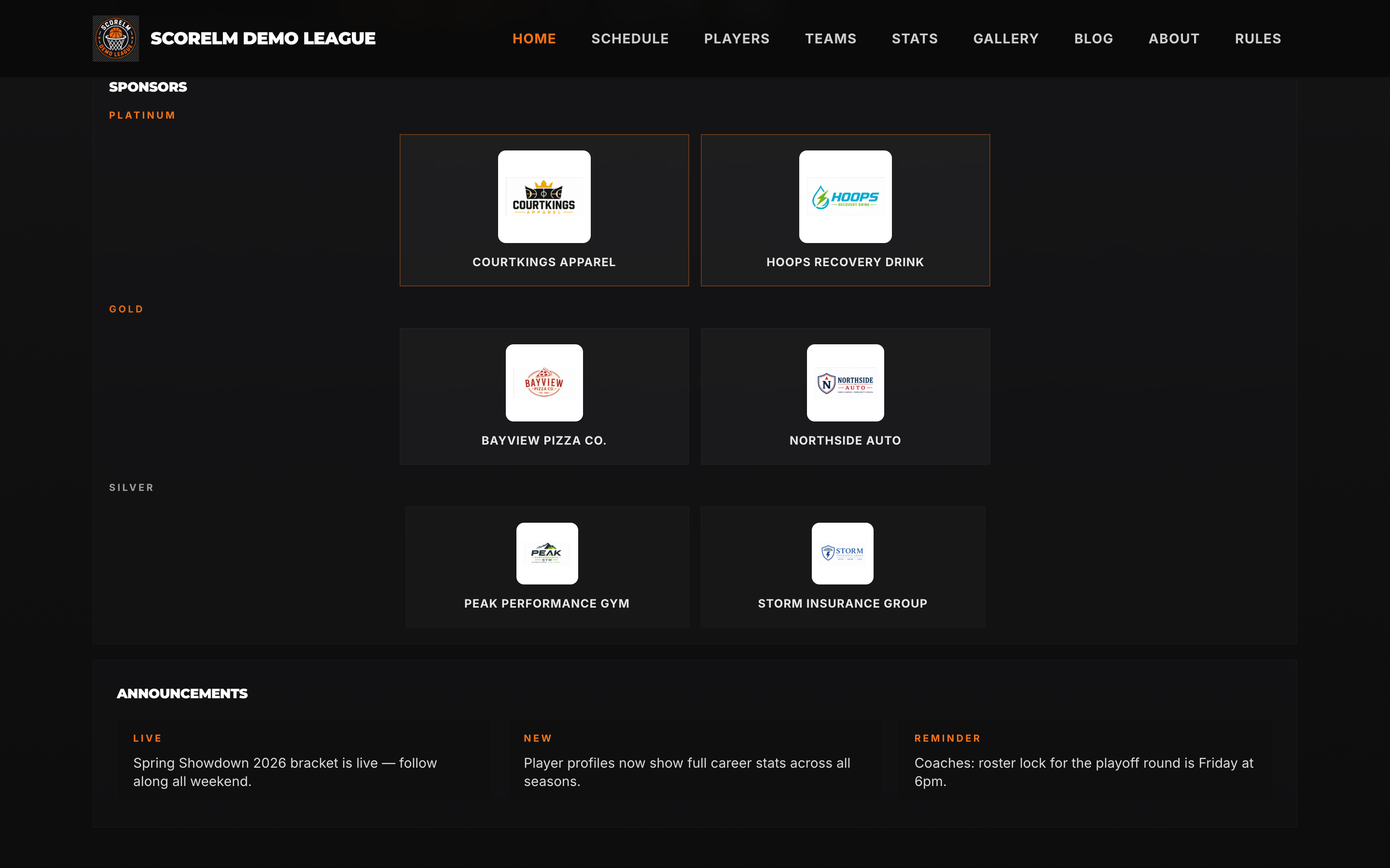 Public homepage sponsor strip — Platinum, Gold, and Silver tiers with all six sponsor logos