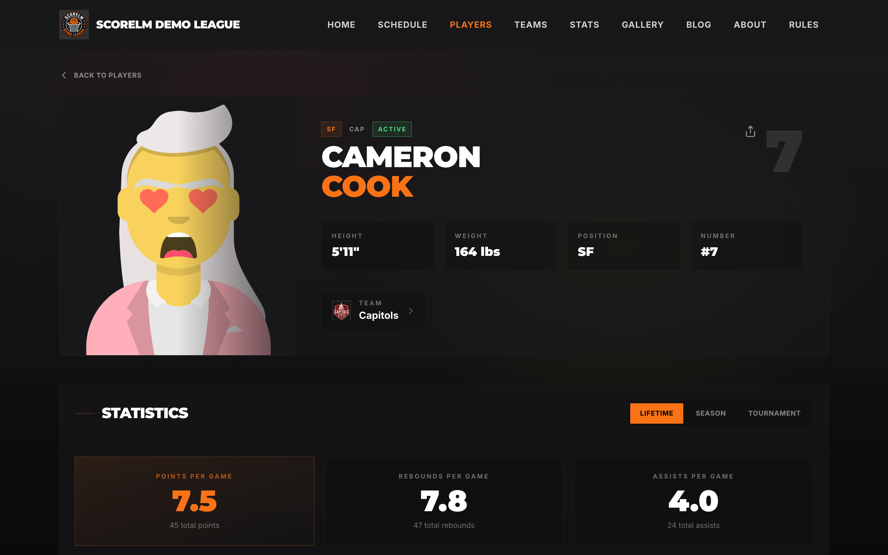 Player profile page with headshot, season stats table, and game log