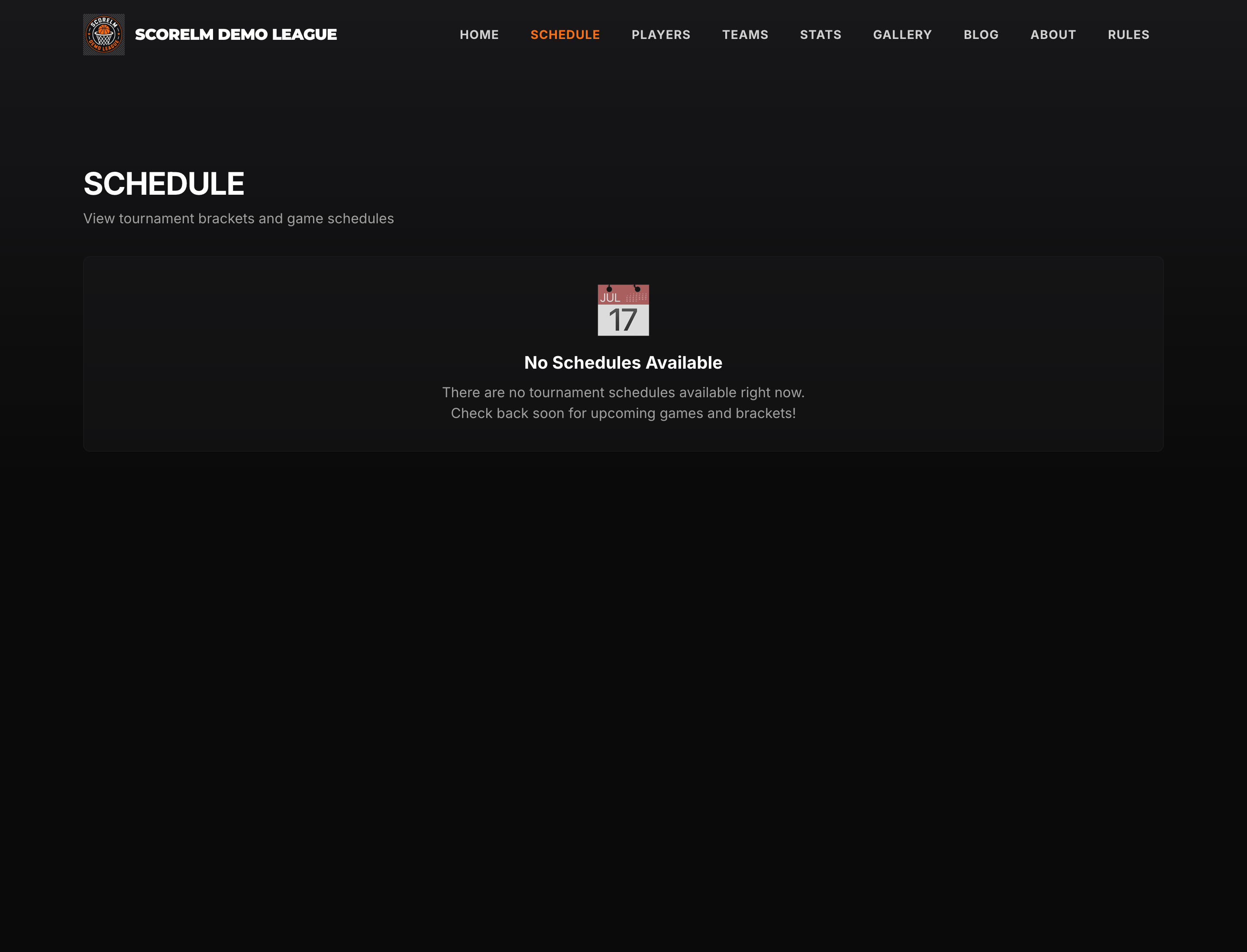 Public schedule page with fixtures, dates, times, and game statuses