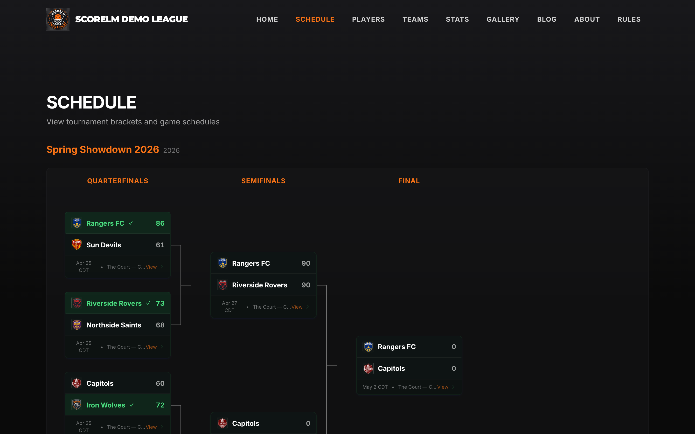 League schedule with upcoming and completed games