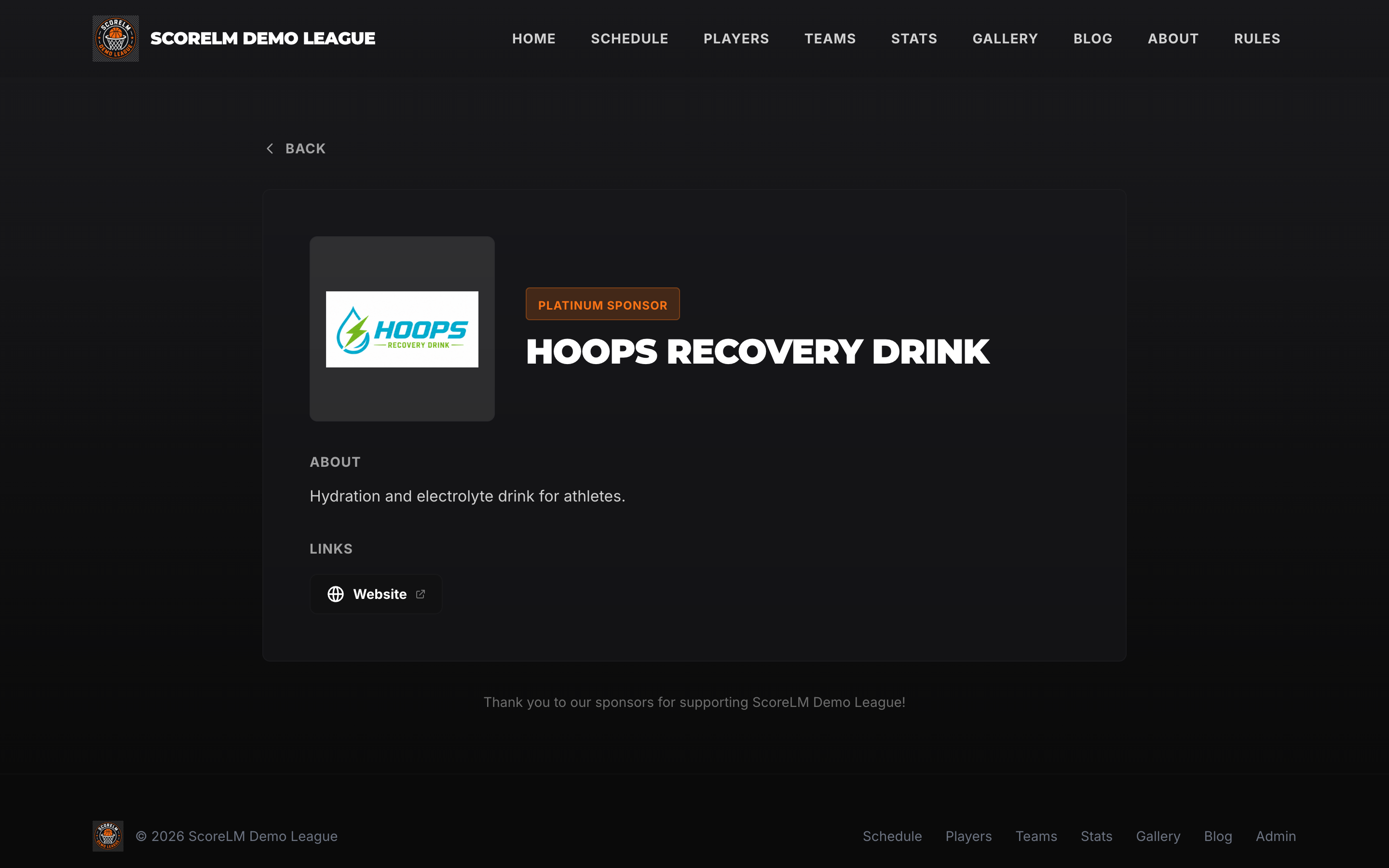 Public sponsor page with logo, description, and links