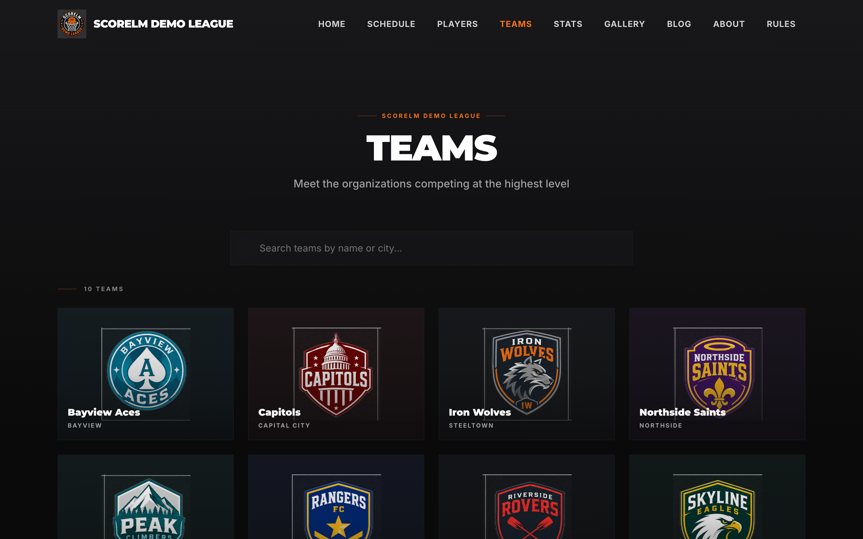 Public teams page showing every club in the league with its own page